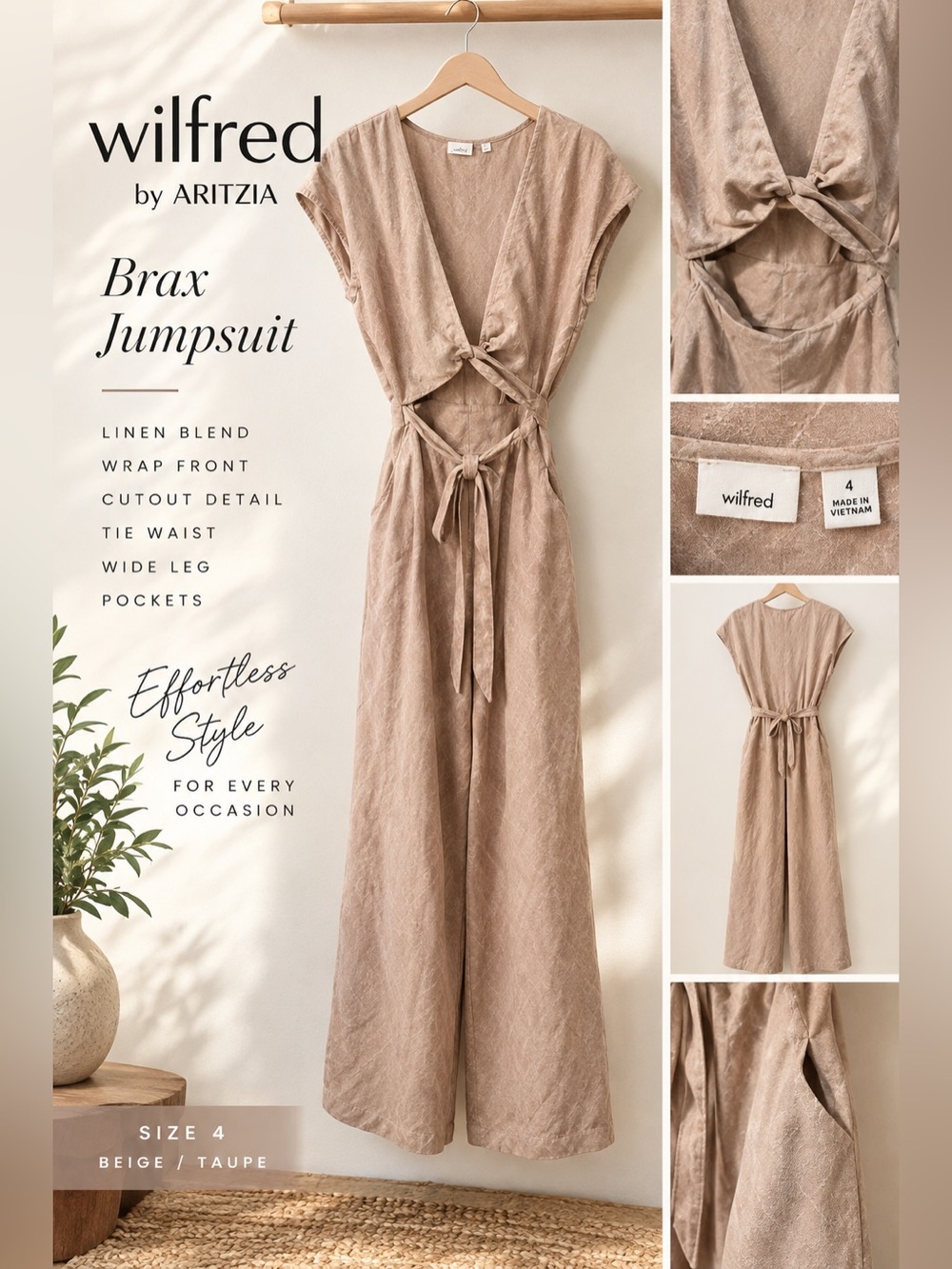 Wilfred by Aritzia Brax Linen Blend Wrap Jumpsuit Size 4 Beige Taupe Cutout Wide